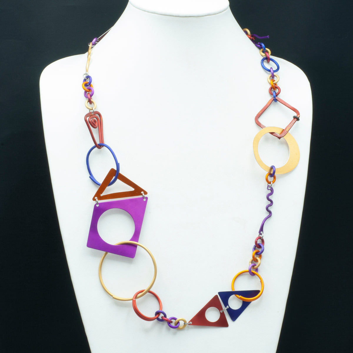 Sylvi Harwin Long Necklace of Bold Geometric Shapes Rainbow Bridge