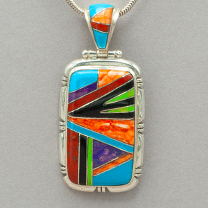 Abstract Inlaid Turquoise, Onyx, Spiny Oyster Pendant by Ed Lowman