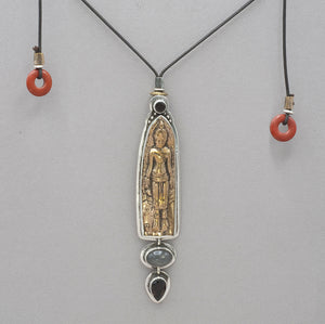 Tabra Smoky Quartz, Moonstone and Bronze Buddha Necklace