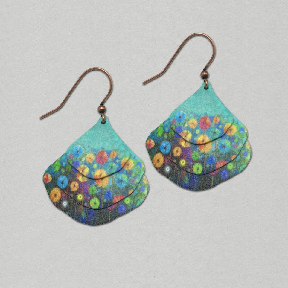 Illustrated Light Turquoise Flowers Artistic Ginkgo Multilayer Earrings