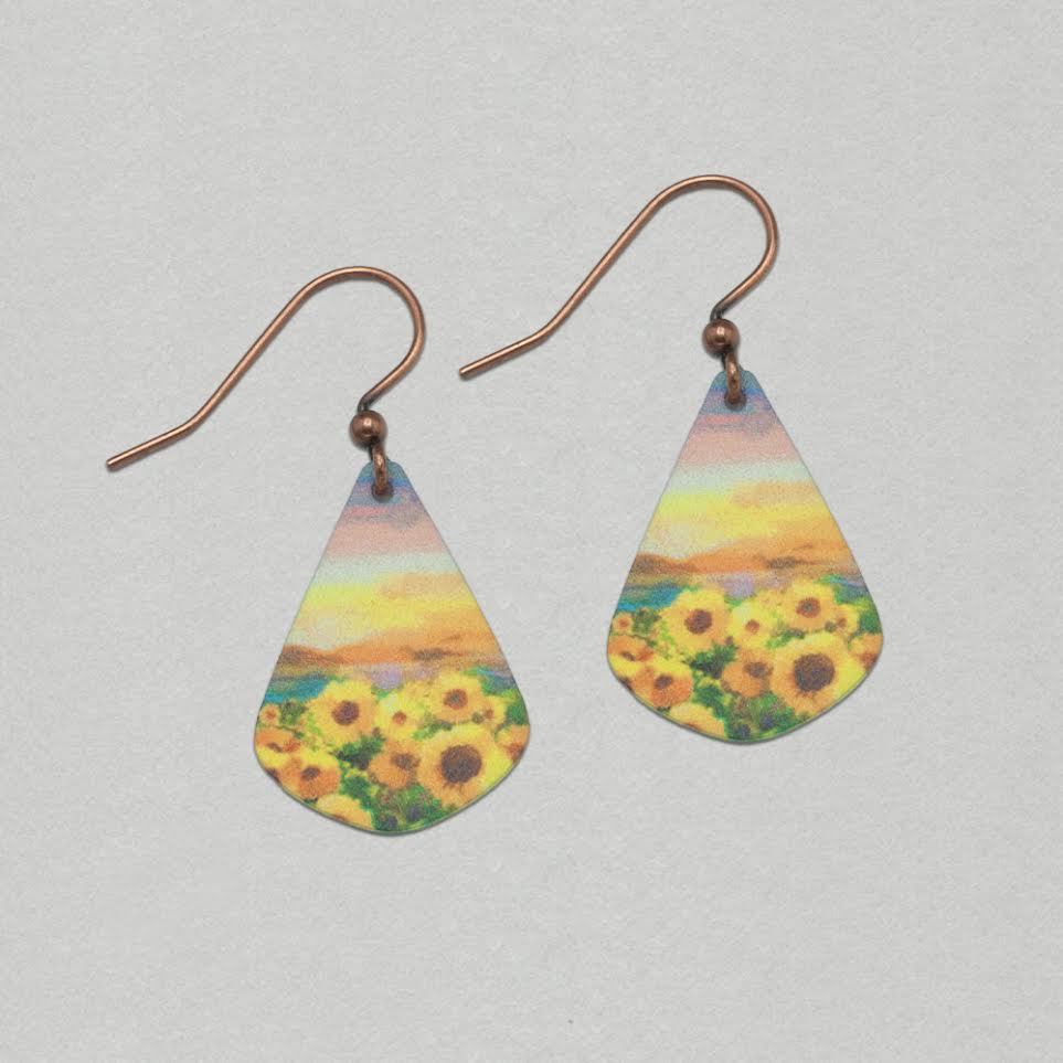 Illustrated Light Sunflower Field Short Drop Handmade Earrings