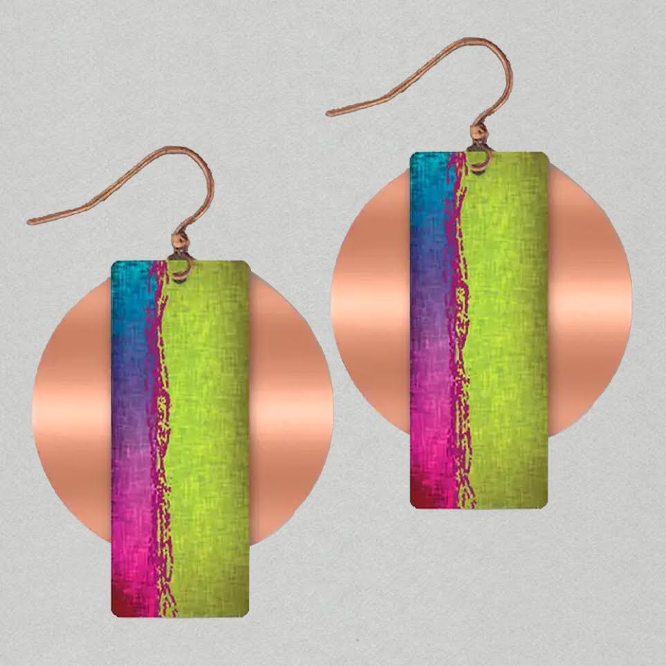 Illustrated Light Multicolor Copper Accent Multilayer Earrings - Green
