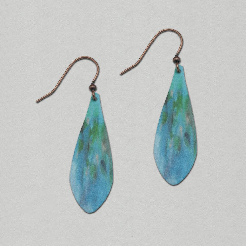 Illustrated Light Aqua Abstract Long Drop Handmade Earrings