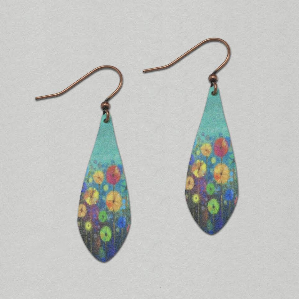 Illustrated Light Turquoise Flowers Artistic Long Drop Earrings