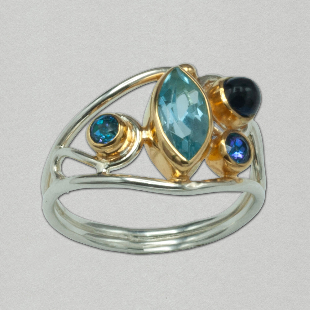 Michou Blue Topaz Kyanite Silver and Gold Ring