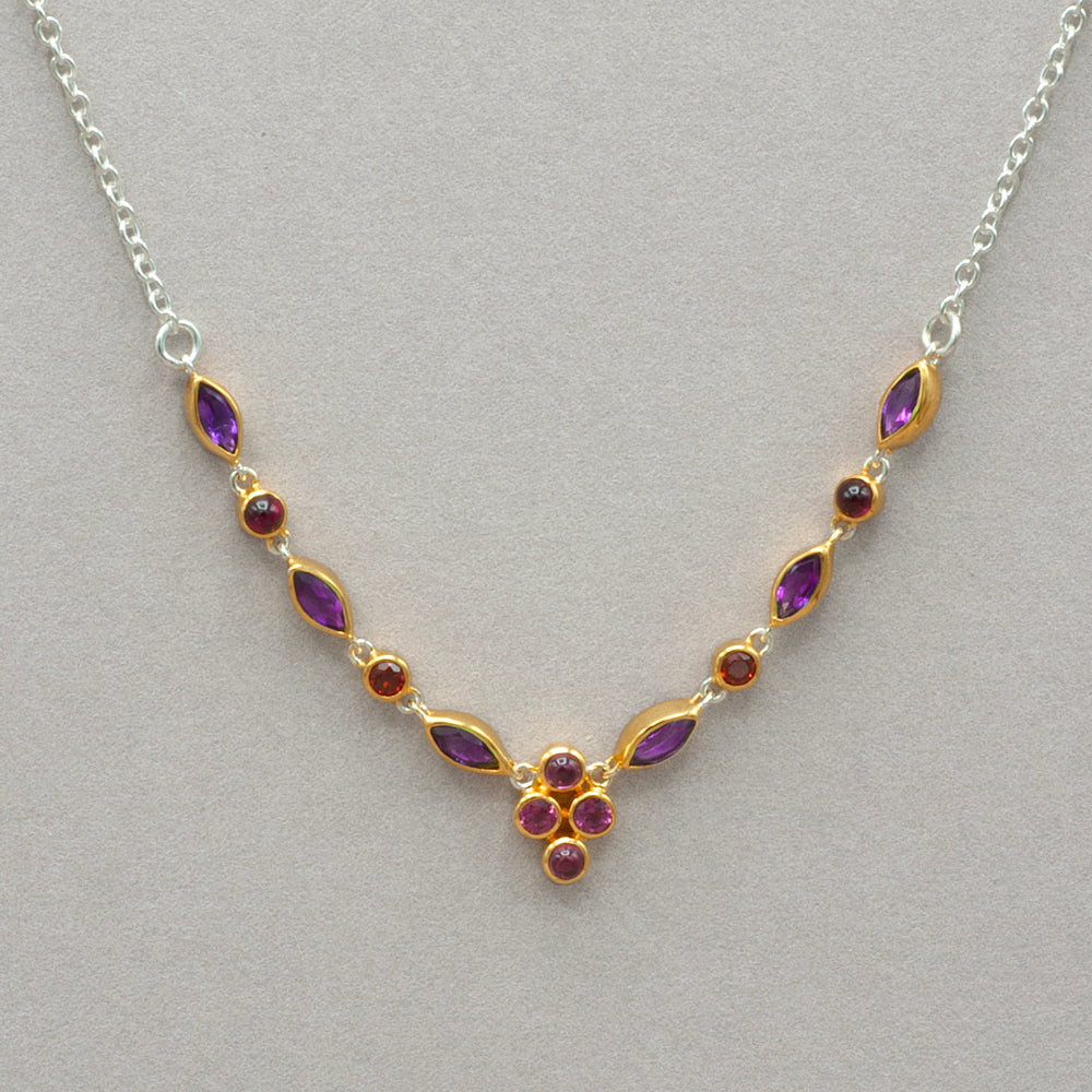 Michou Gold and Sterling Garnet and Amethyst Necklace