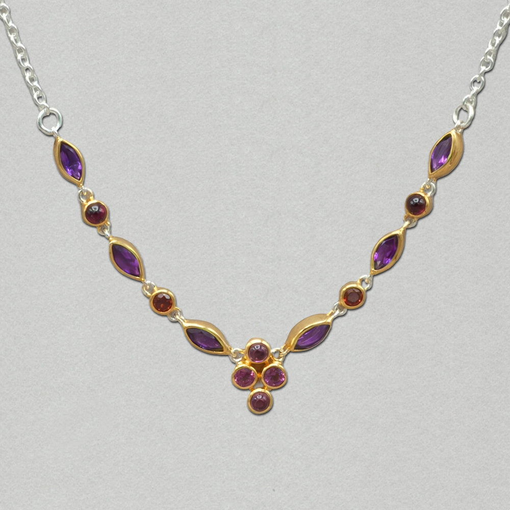 Michou Gold and Sterling Garnet and Amethyst Necklace