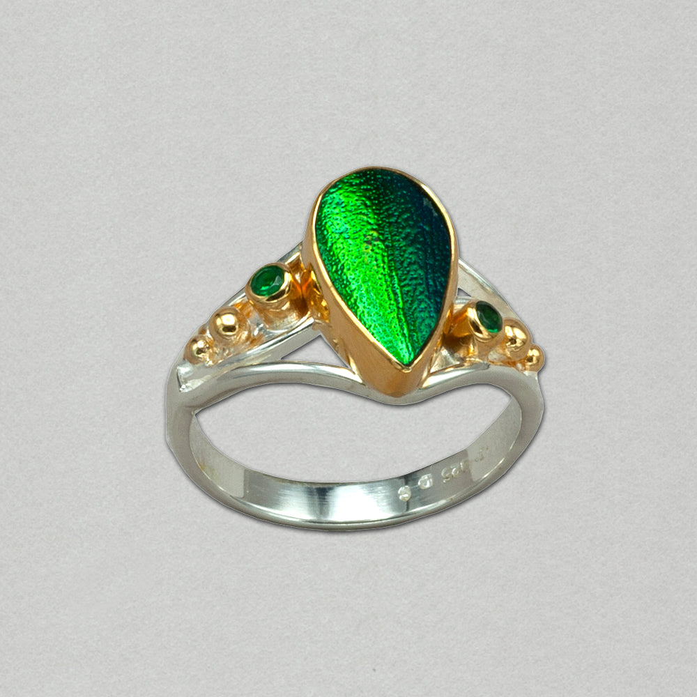 Michou Sterling Silver and Gold Vermeil Ring with Jewel Beetle Wing and Emeralds