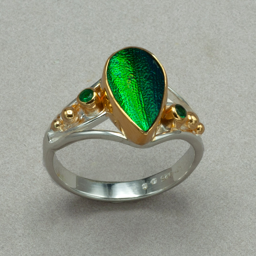Michou Iridescent Beetle Wing Silver and Gold Ring