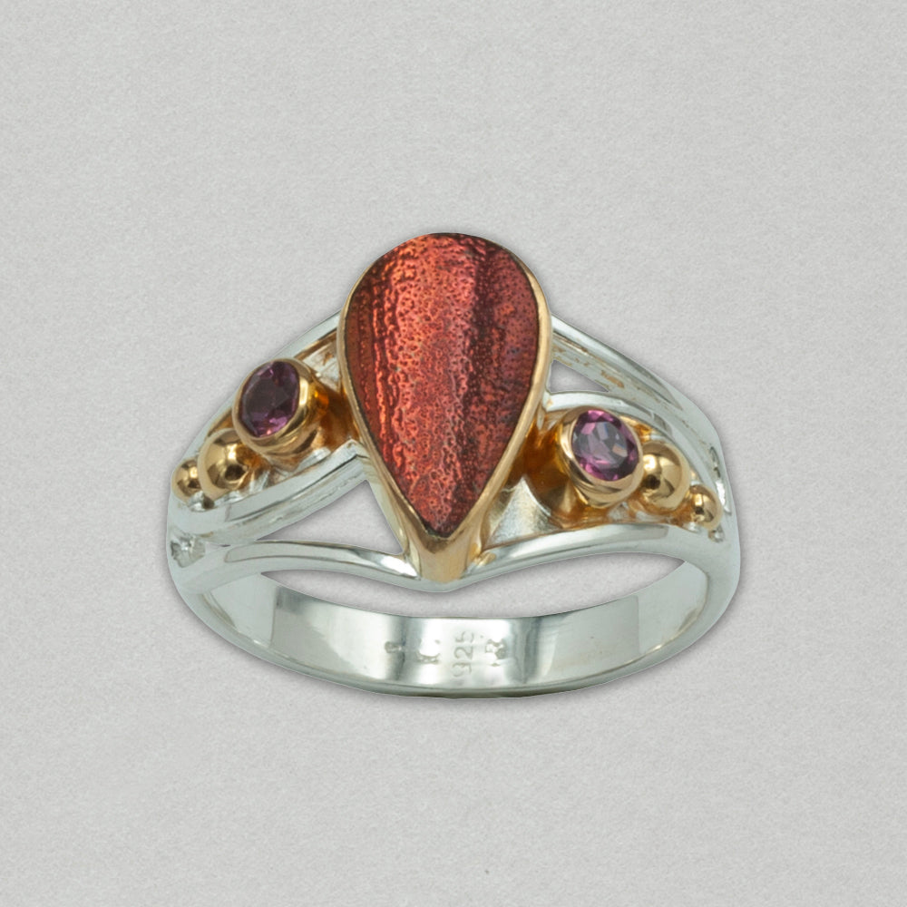 Michou Sterling Silver and Gold Vermeil Ring of Copper Colored Jewel Beetle Wing and Tourmaline