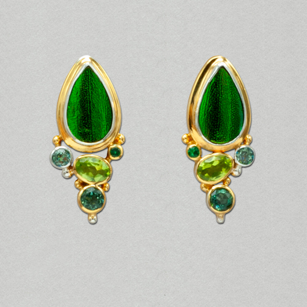 Michou Sterling Silver and Gold Vermeil Post Earring with Green Jewel Beetle Wing, Emerald, Peridot and Topaz