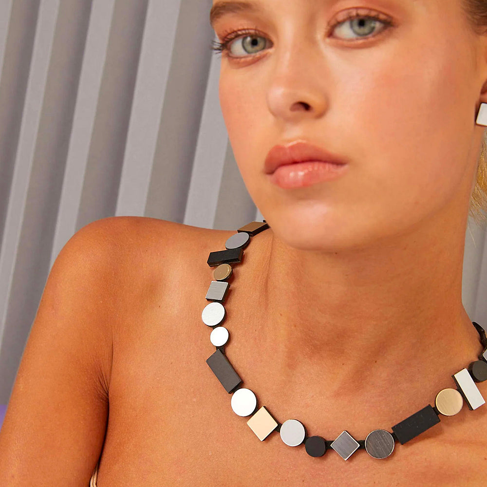 Bauhaus Necklace Round - Silver + Black + Gold