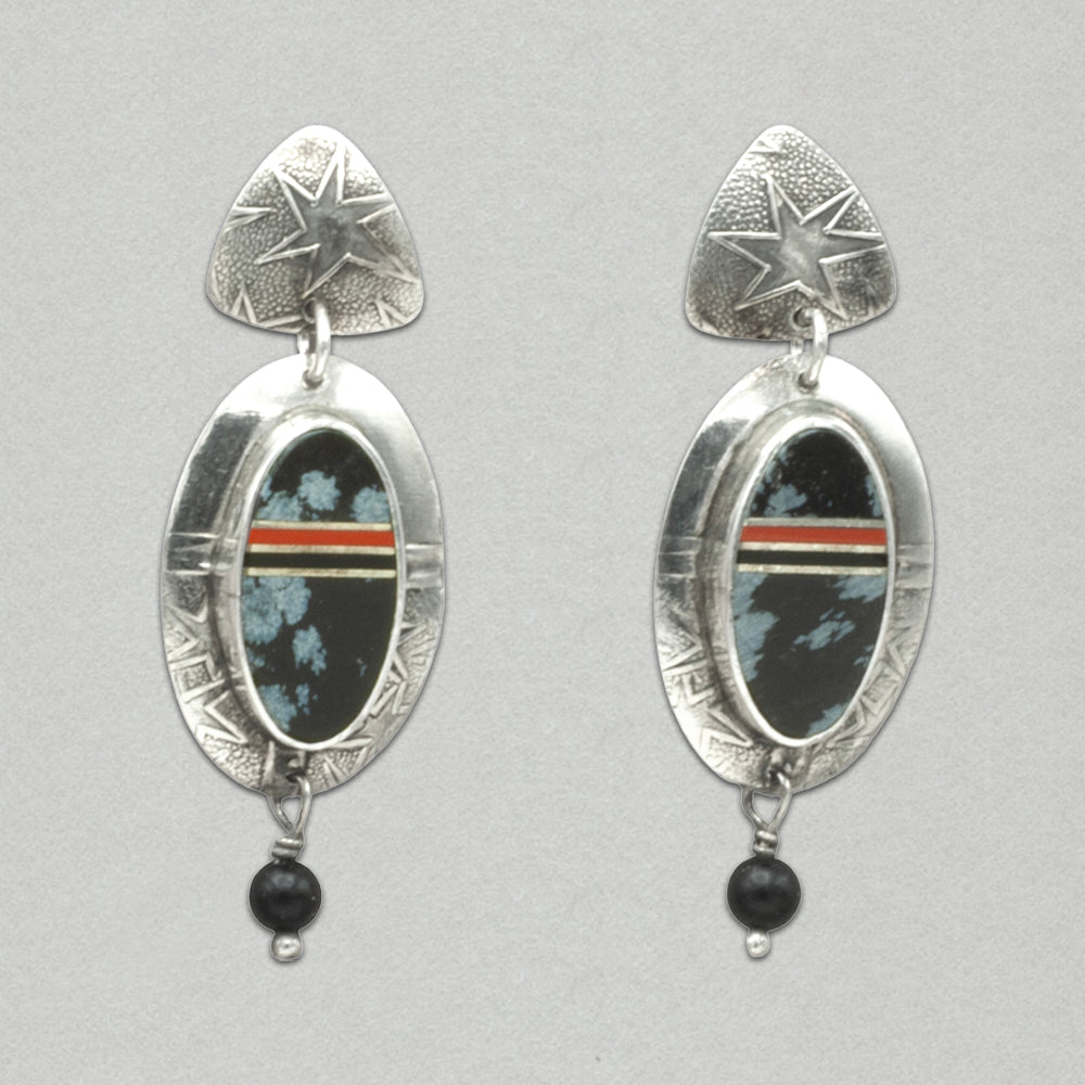 Tabra Vintage Snowflake Obsidian Sterling Silver Post Earrings