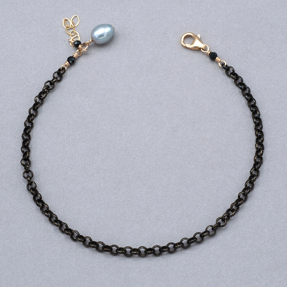 Freshwater Pearl on Gunmetal and 14k Gold Fill Chain Anklet Gray