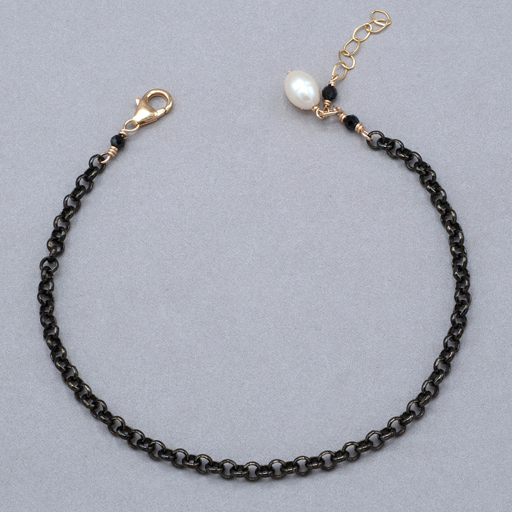 Freshwater Pearl on Gunmetal and 14k Gold Fill Chain Anklet White