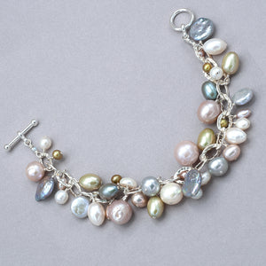 Pastel Pearls on Hammered Sterling Silver Chain Bracelet