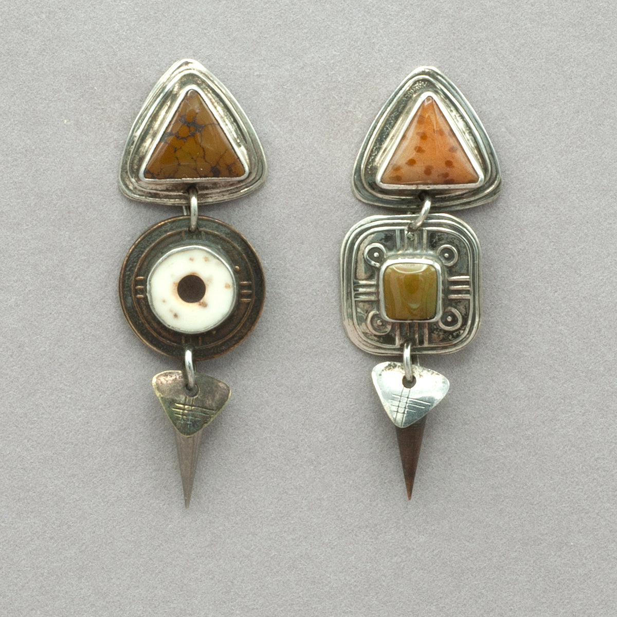 Tabra Vintage Asymmetric Palmwood and Green Turquoise Earrings