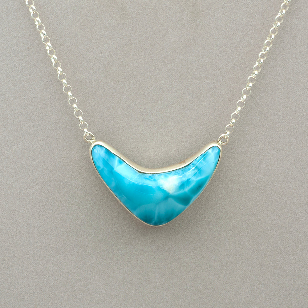 Large Larimar Boomerang Sterling Silver Necklace