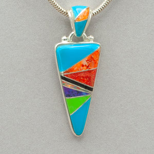Triangle Pendant of Inlay Turquoise, Spiny Oyster by Ed Lohman