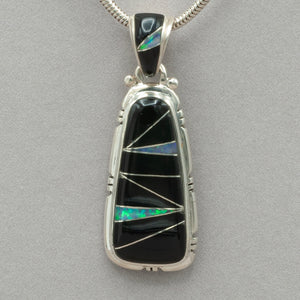 Inlaid Onyx and Opal Sterling Silver Pendant by Ed Lohman