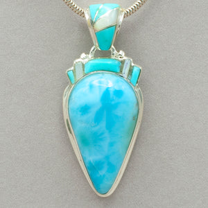 Larimar Teardrop with Turquoise and Mother of Pearl Art Deco Pendant