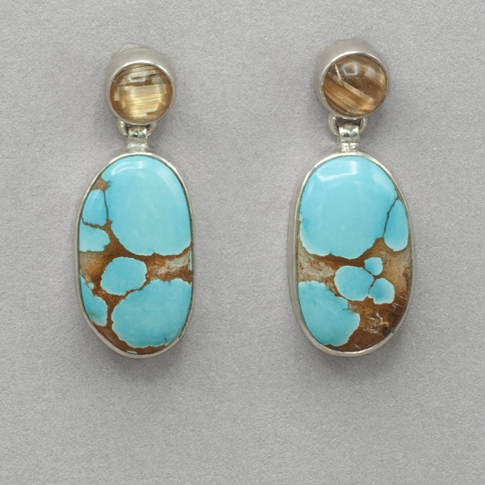 Turquoise with Golden Brown Matrix and Rutilated Quartz Post Earrings