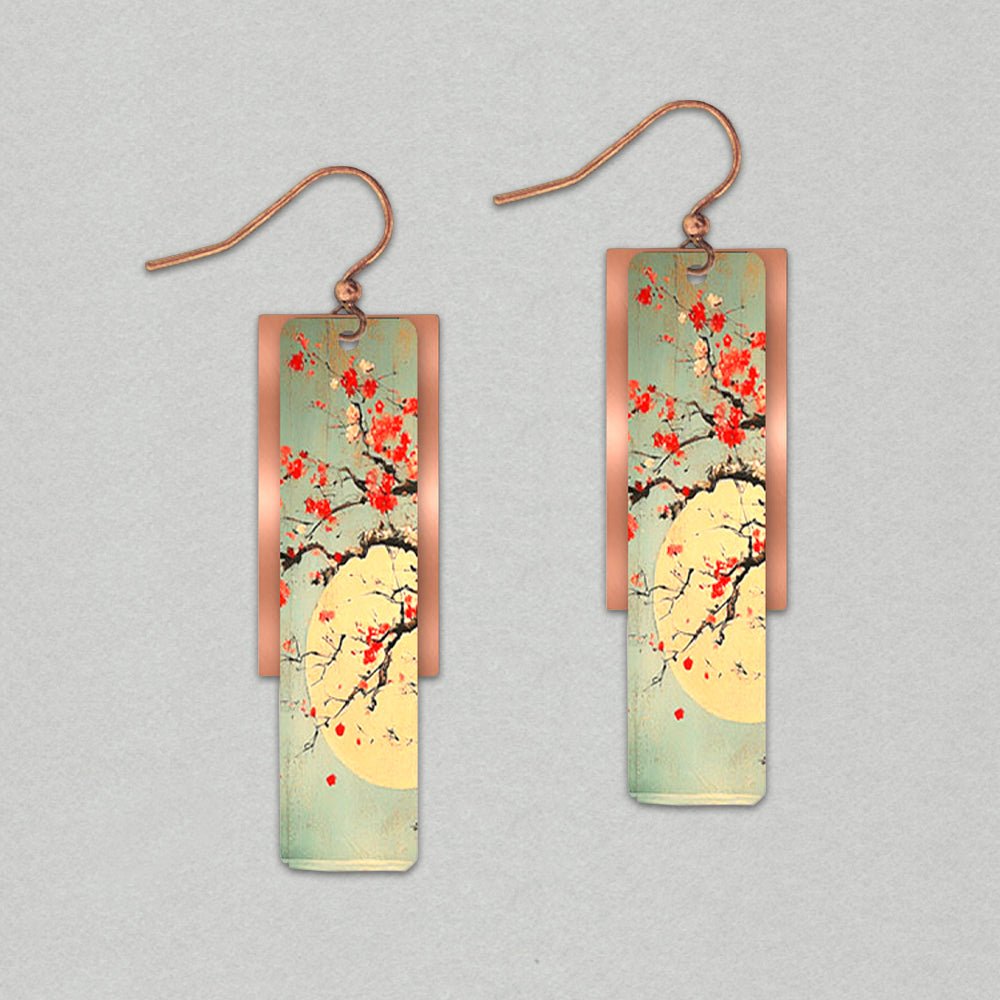 Illustrated Light Cherry Moon Geometric Metal Accent Earrings