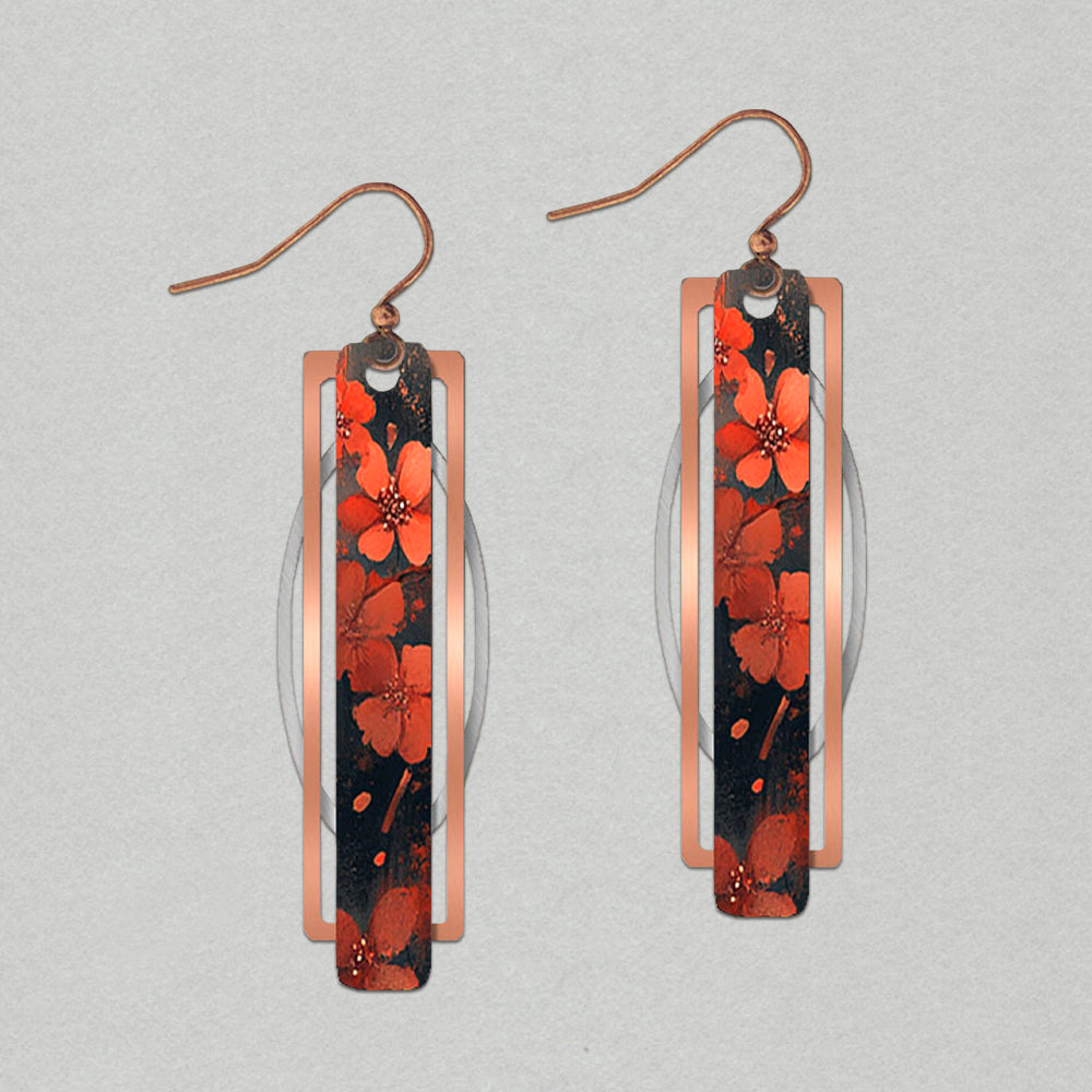 Illustrated Light Dark Blossom Geometric Metal Accent Earrings