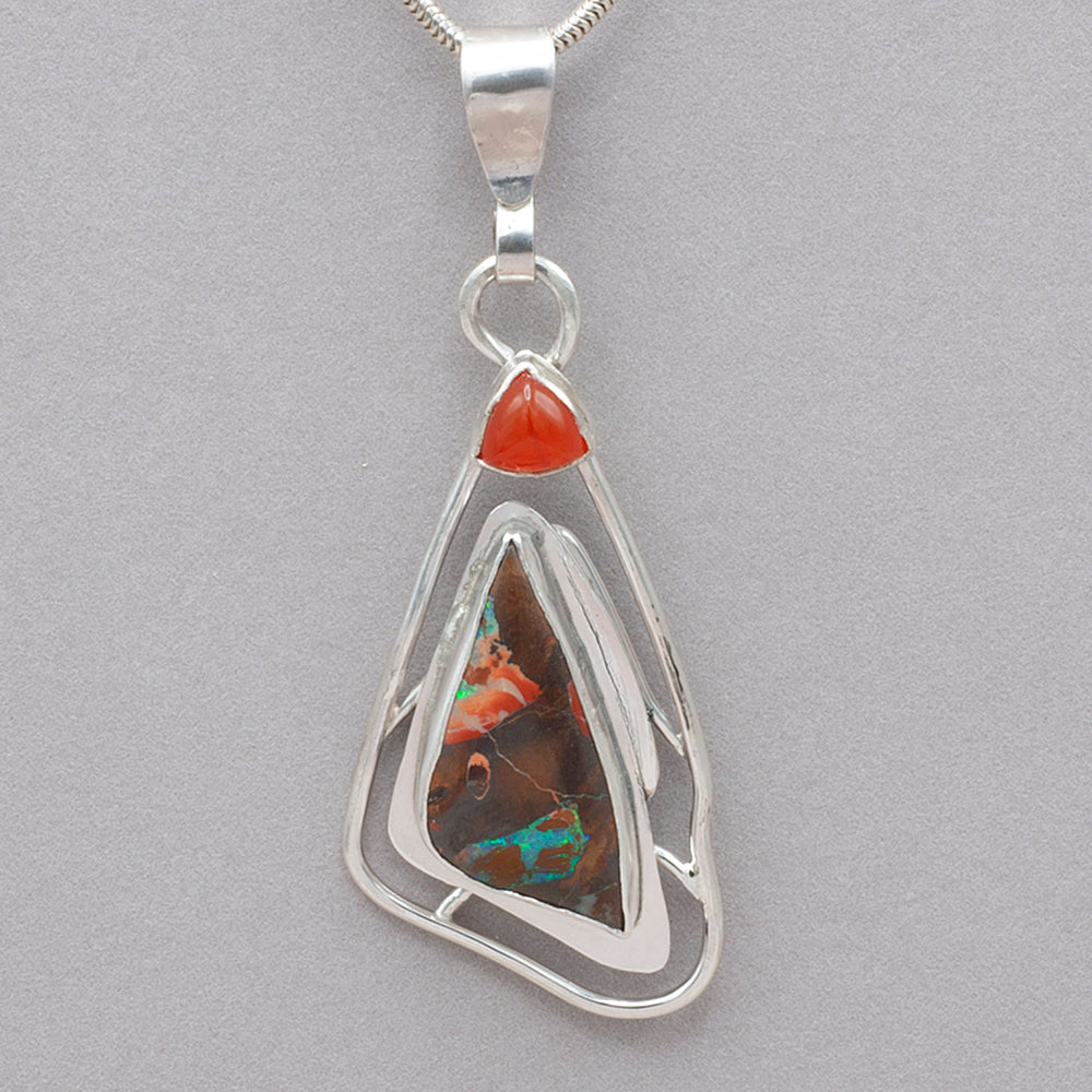 Jim Kelly Boulder Opal with Trillion Cut Carnelian Pendant