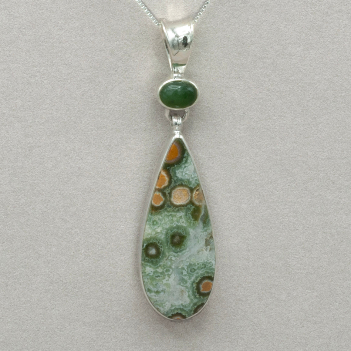 Ocean Jasper and Green Jade Sterling Silver Pendant