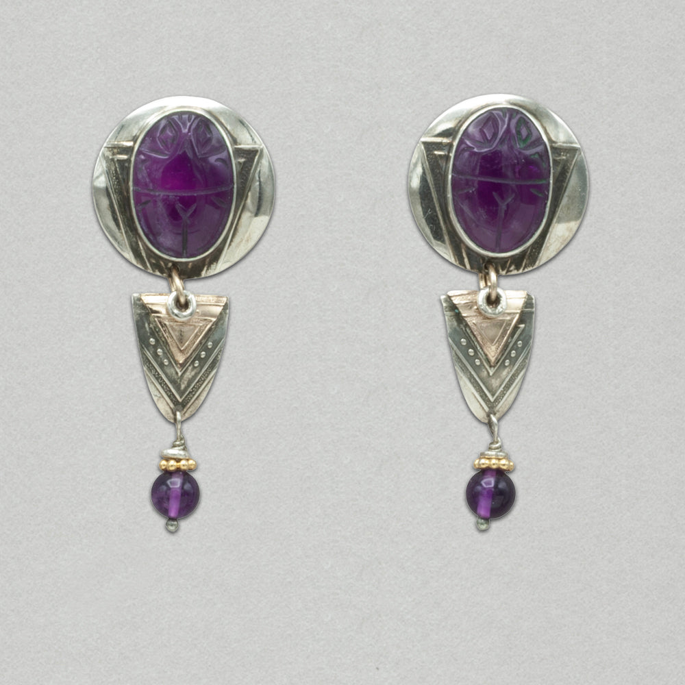 Tabra Vintage Carved Amethyst Scarab Post Earrings