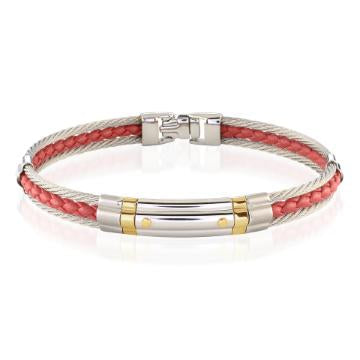 Italgem Stainless Steel Cable and Red Leather Bracelet