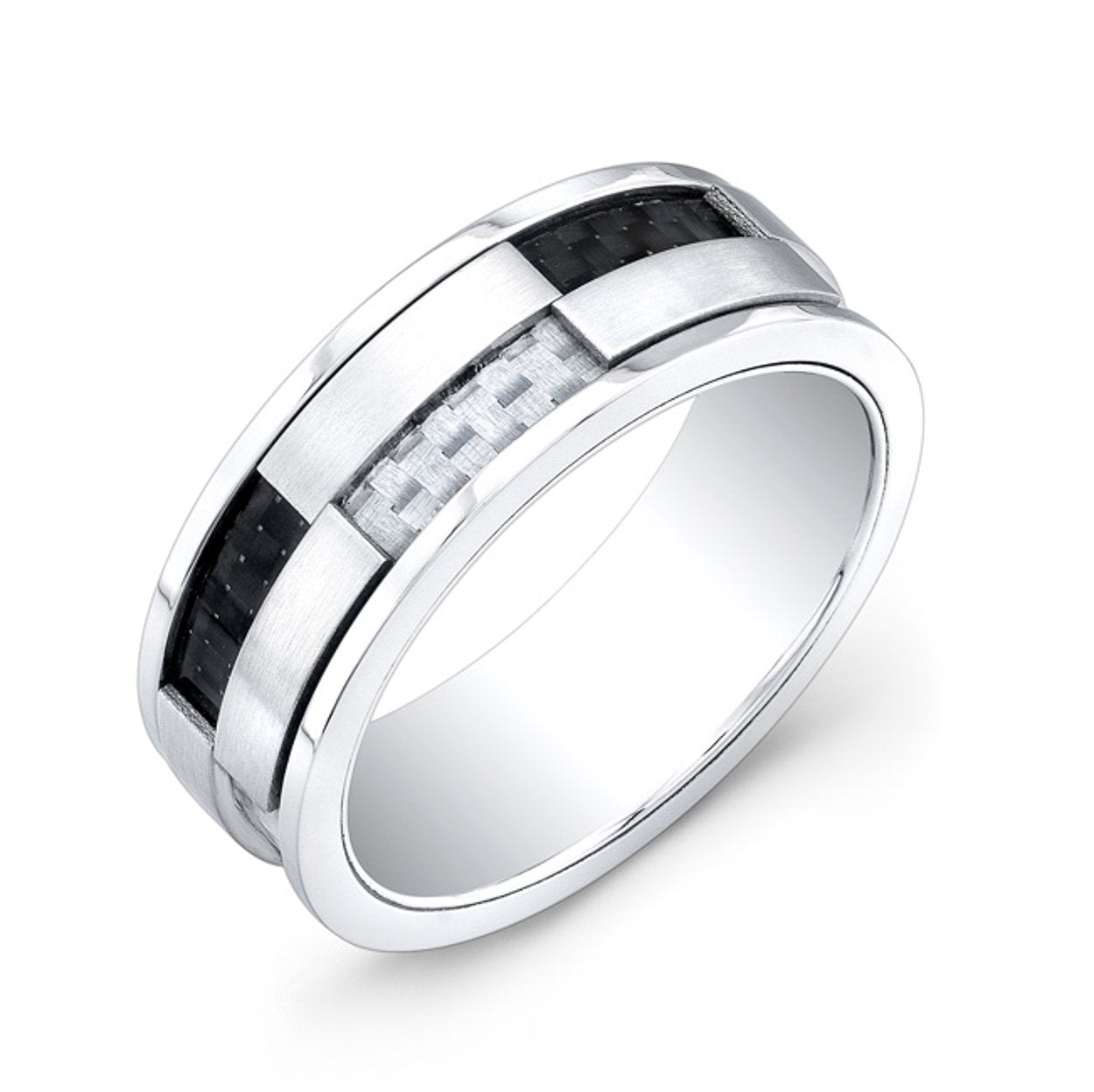 Italgem Stainless Steel Black and White Carbon-Fiber Ring