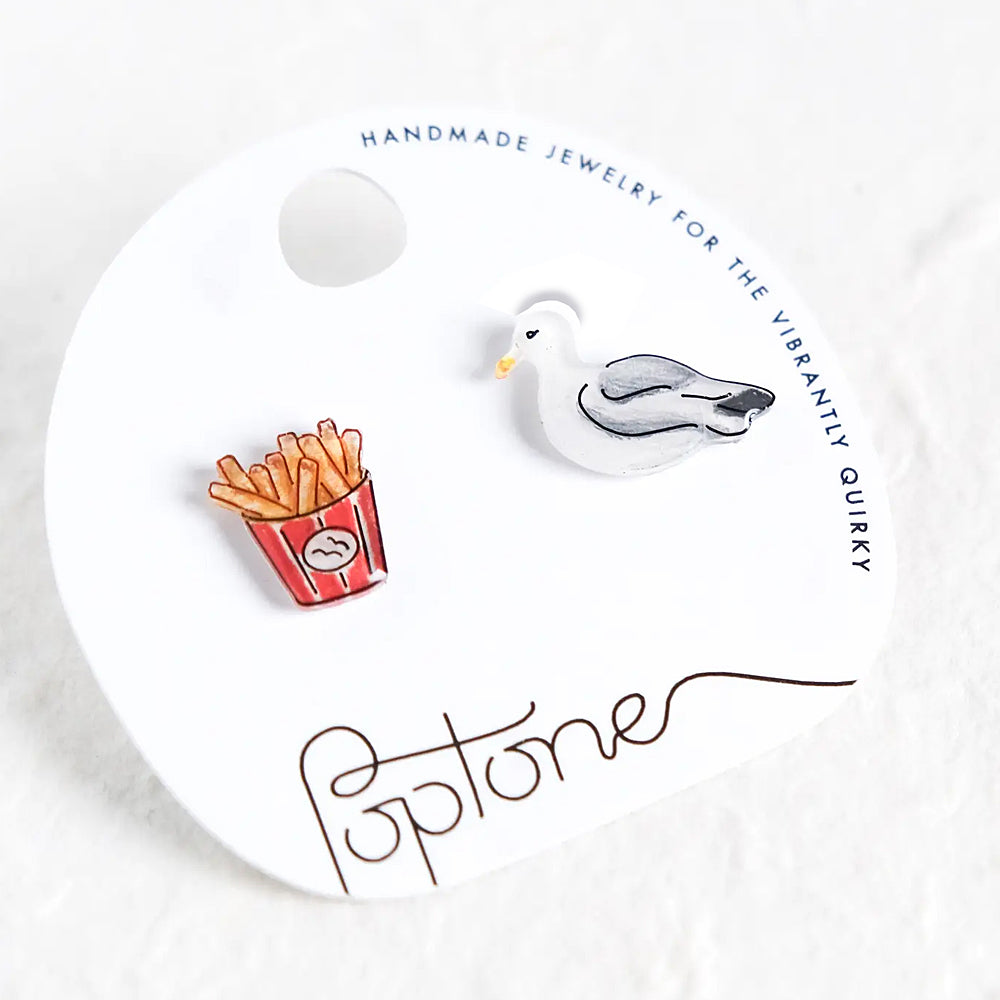 Poptone Seagull and French Fries Stud Earring