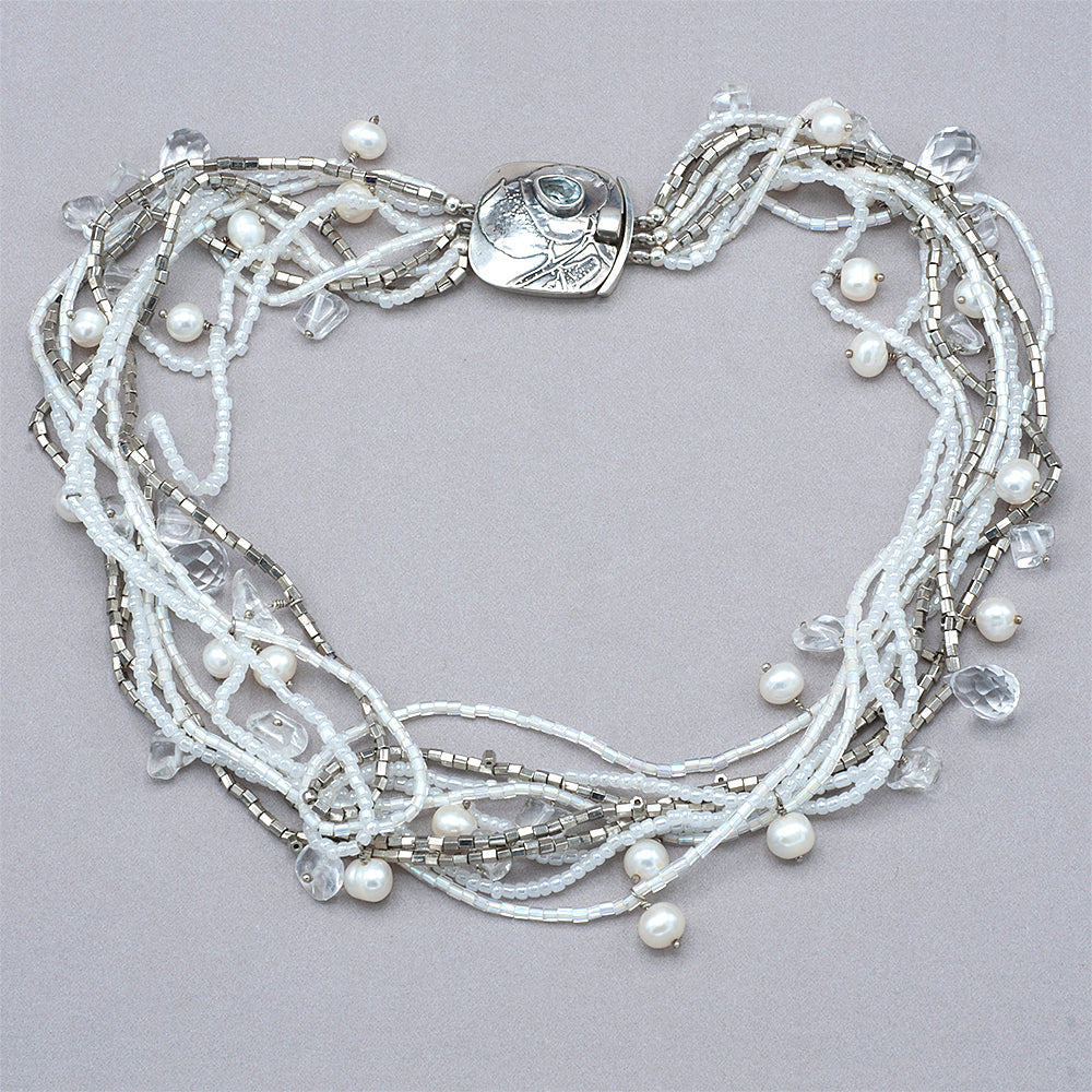 Tabra Beaded Pearl Necklace with Sterling Silver & Aquamarine Box Clasp