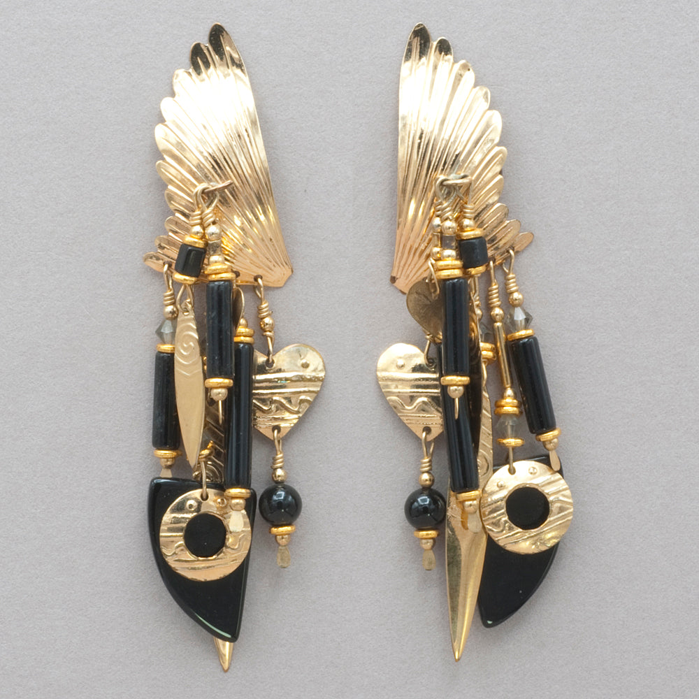 Tabra Vintage Gold Wings With Black Onyx Earrings