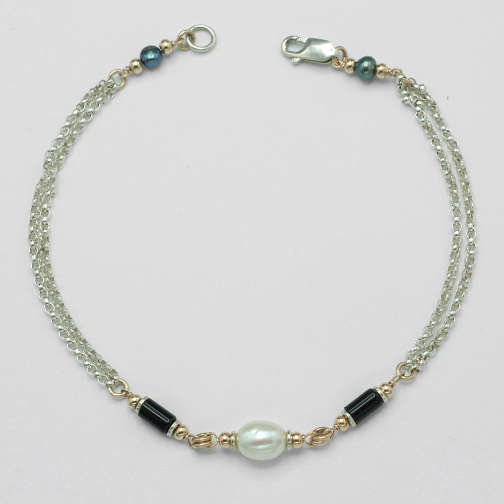 White Pearl Black Onyx Chain Anklet
