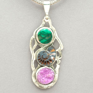 Jim Kelly Pendant Malachite, Ammonite and Pink Drusy