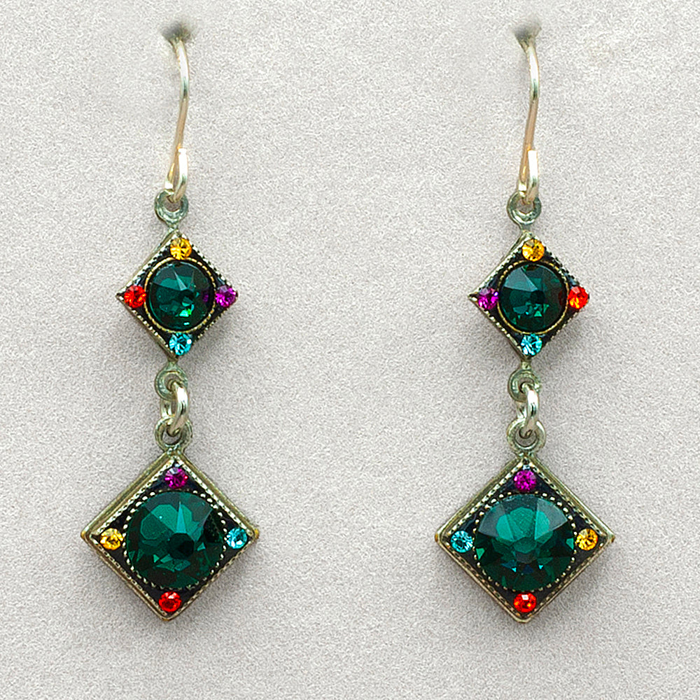 Firefly Rainbow Two Tear Diamond Shape Drop Earrings - Emerald