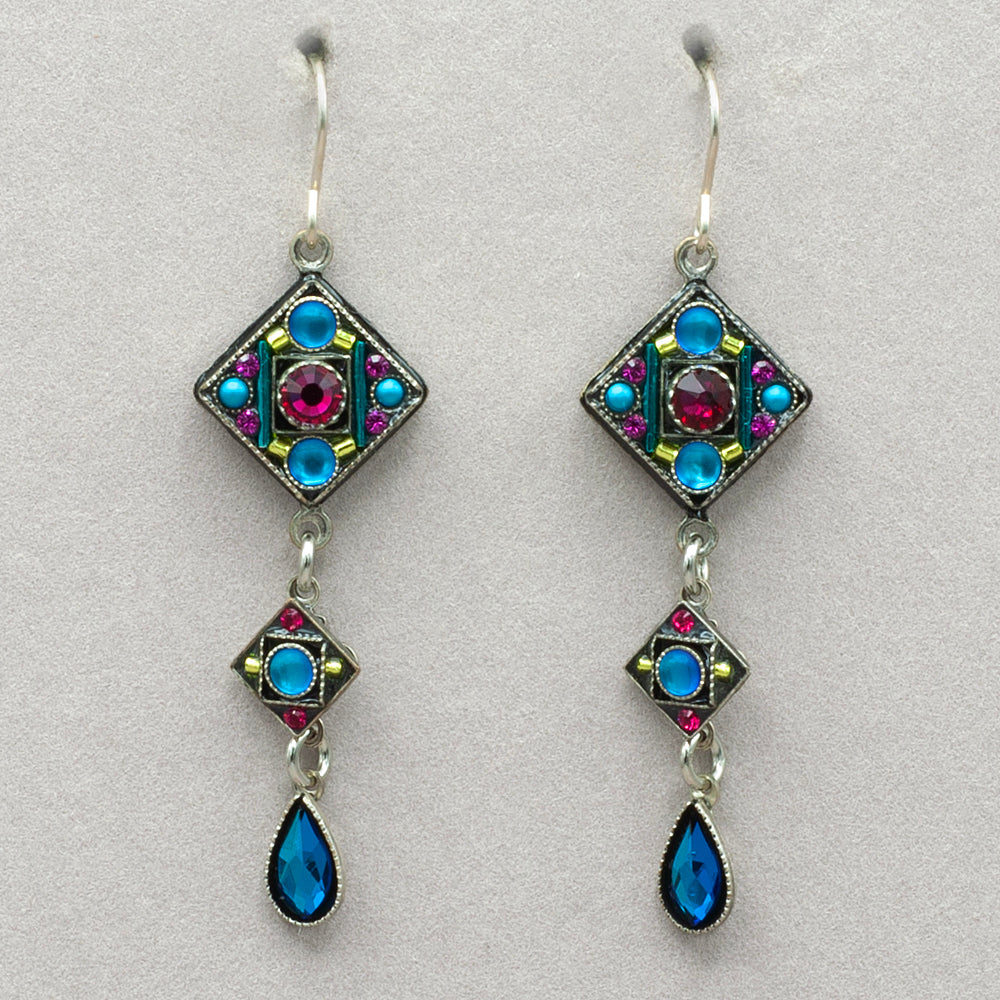 Firefly Moonlight Diamond Shape Two Tear Drop Earrings - Bermuda Blue