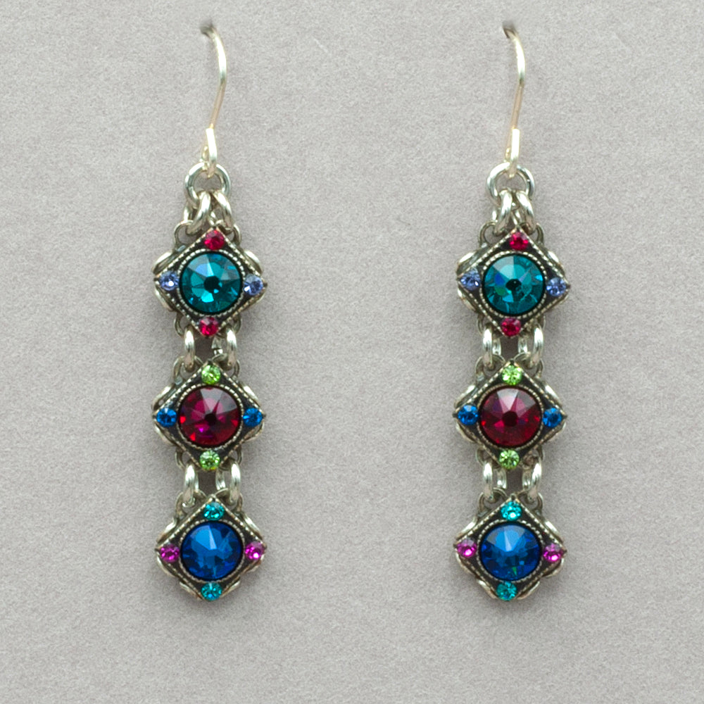 Firefly Rainbow 3-Tier Diamond-Shape Drop Earrings - Jewel Tone