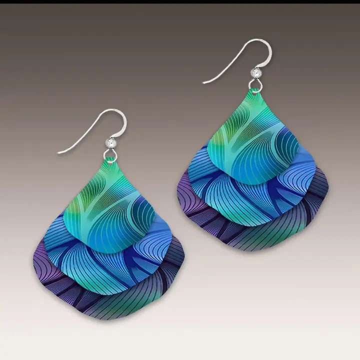 Illustrated Light Blue Aurora Abstract Ginkgo Multilayer Handmade Earrings