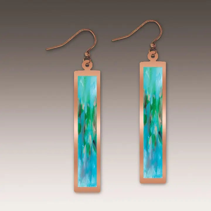 Illustrated Light Aqua Abstract Copper Showcase Rectangle Handmade Earrings