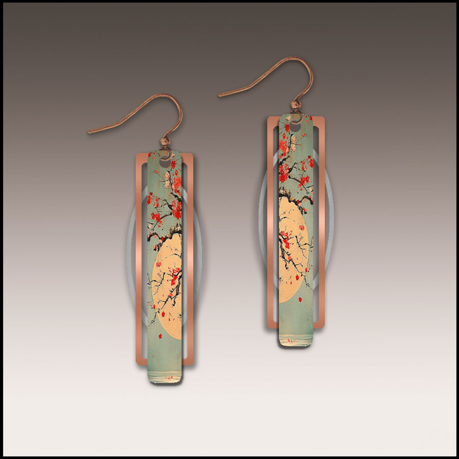 Illustrated Light Cherry Moon Geometric Metal Accent Earrings
