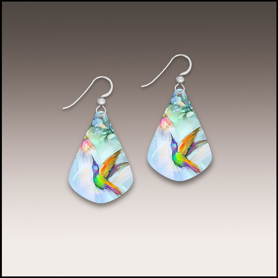 Illustrated Light Hummingbird Fine Art Short Drop Handmade Earrings