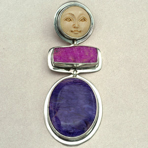 Tabra Hand Carved Face with Charoite and Pink Druzy Pendant