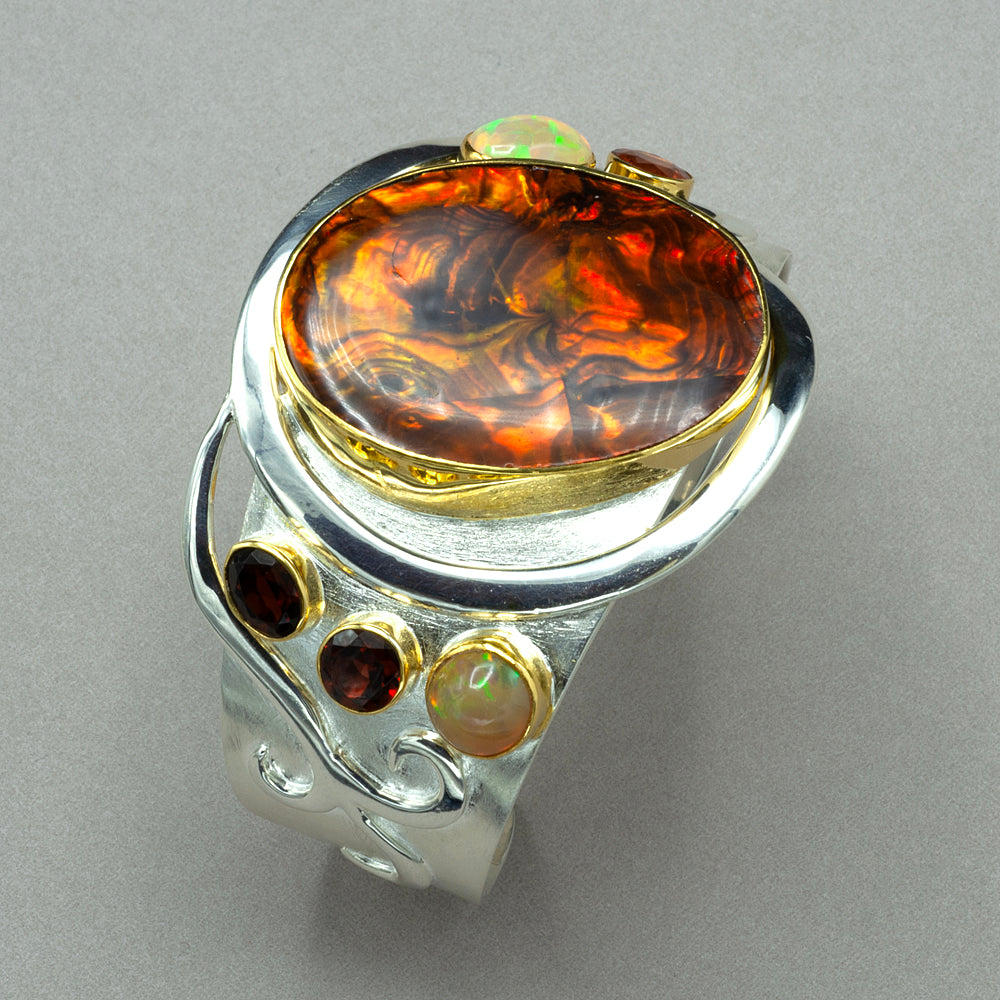 Michou Silver Statement Cuff with Garnet and Opal