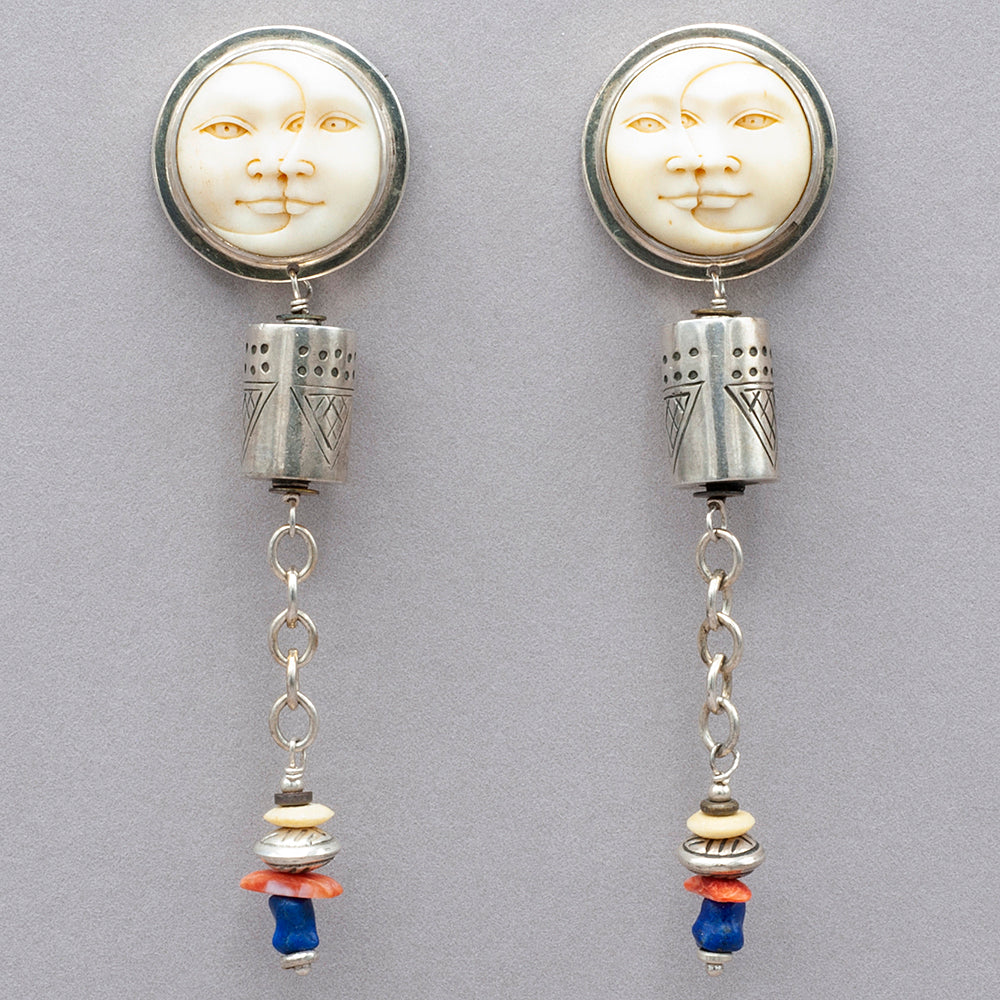 Tabra Carved Moon Sun Face Sterling Silver Earrings
