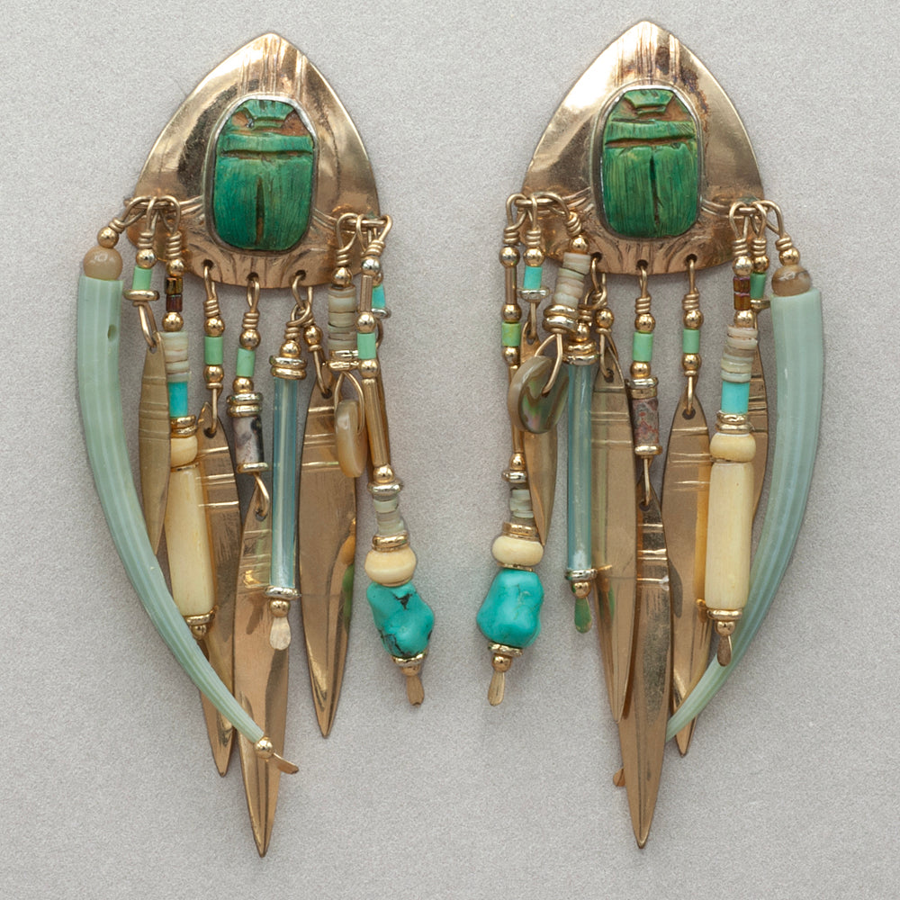Tabra Vintage Green Scarab Gold Earrings