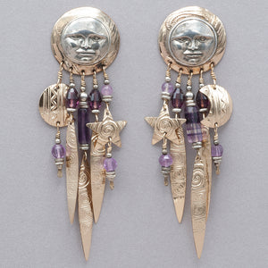 Tabra Silver Moon Face with Gold Moon and Star Earrings